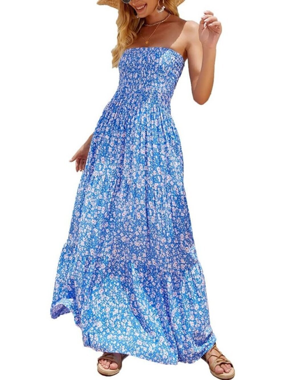 Women's Blue Floral Strapless Tube Top Off Shoulder Boho Beach Long Maxi Dress - Picture 4 of 6